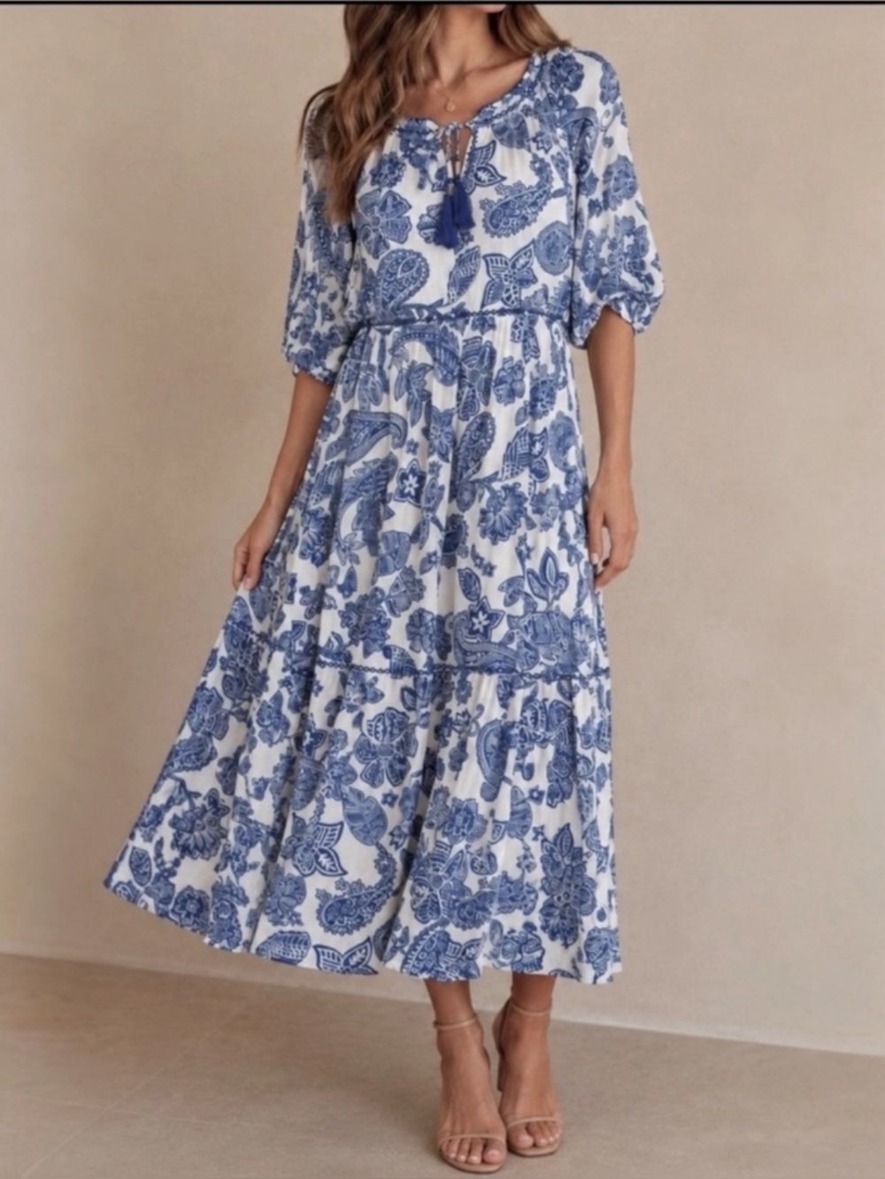 NWT John Mark Maxi Dress Women's 2X Blue Paisley Floral Coastal Boho Tiered
